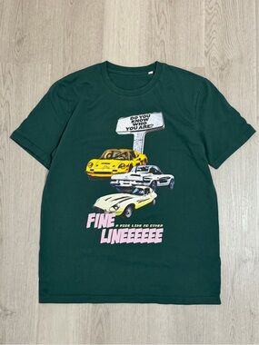 Harry Styles Forest Green Tee with Retro Car Graphic and Pink Text